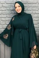 Tesettür giyim YEŞİL DESENLİ YARASA KOL ELBİSE T 9353