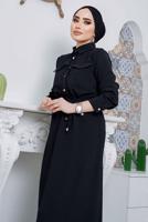 Tesettür giyim SİYAH ÖNDEN BÜZGÜLÜ ELBİSE 9705 