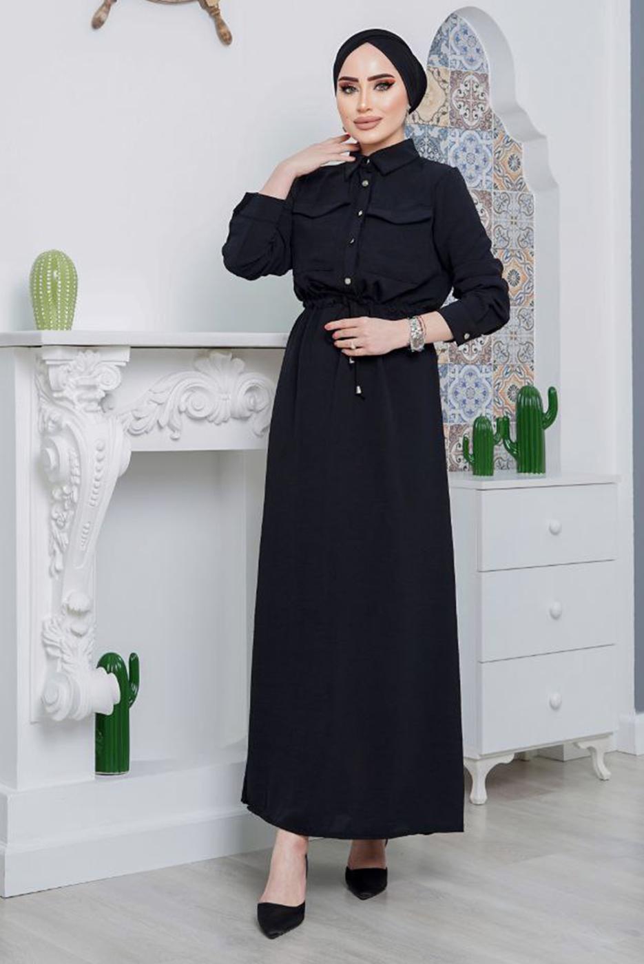 Tesettür giyim SİYAH ÖNDEN BÜZGÜLÜ ELBİSE 9705 
