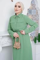 Tesettür giyim YEŞİL ÖNDEN BÜZGÜLÜ ELBİSE 9705 