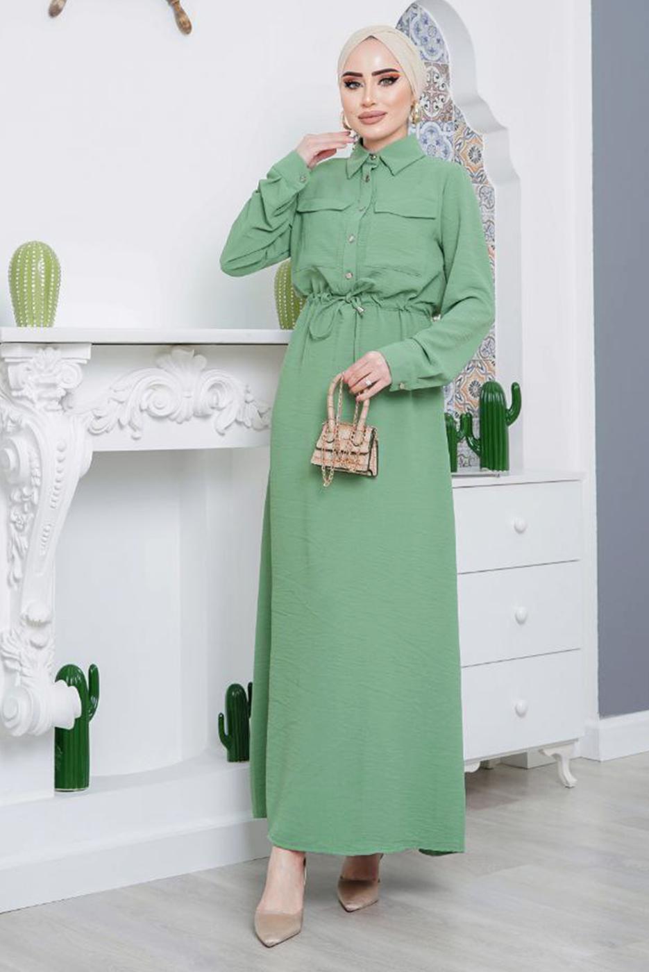 Tesettür giyim YEŞİL ÖNDEN BÜZGÜLÜ ELBİSE 9705 