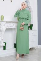 Tesettür giyim YEŞİL ÖNDEN BÜZGÜLÜ ELBİSE 9705 