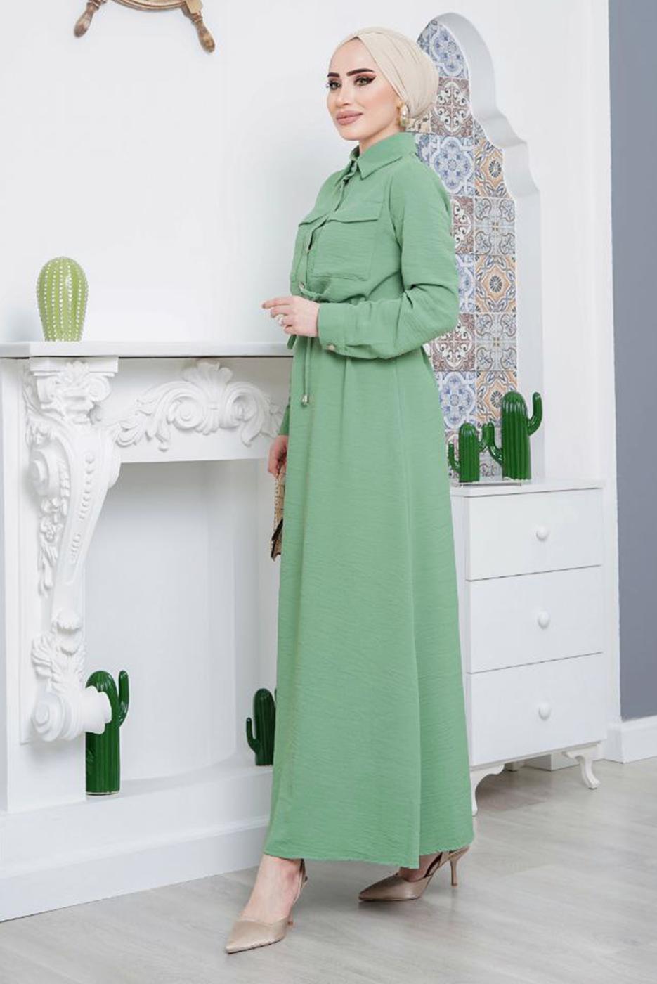 Tesettür giyim YEŞİL ÖNDEN BÜZGÜLÜ ELBİSE 9705 