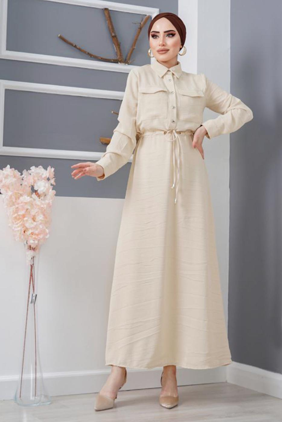 Tesettür giyim BEJ ÖNDEN BÜZGÜLÜ ELBİSE 9705 