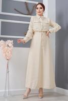 Tesettür giyim BEJ ÖNDEN BÜZGÜLÜ ELBİSE 9705 