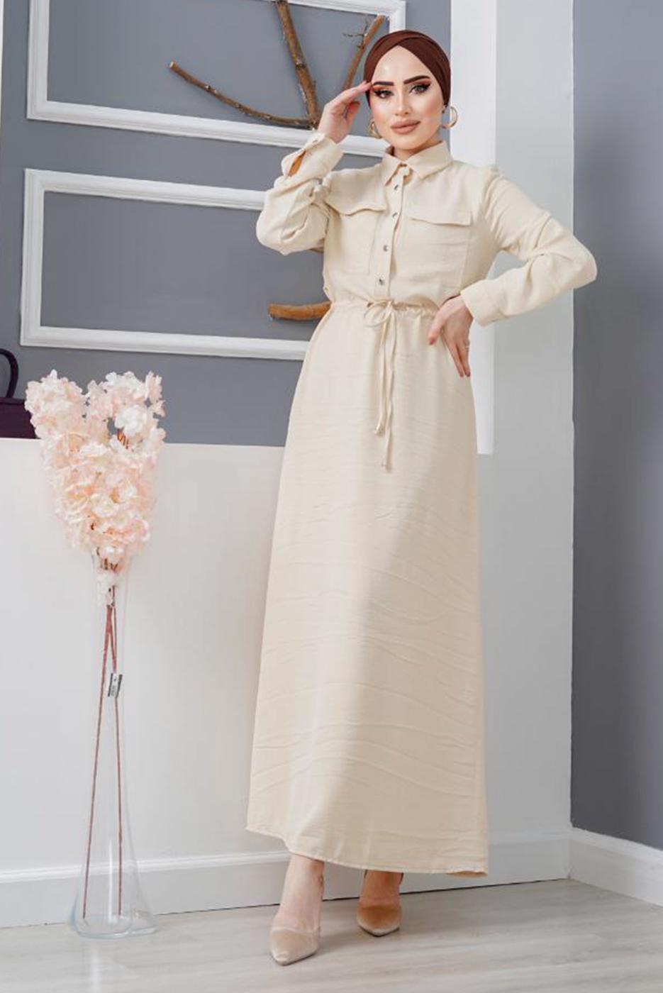 Tesettür giyim BEJ ÖNDEN BÜZGÜLÜ ELBİSE 9705 
