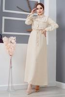 Tesettür giyim BEJ ÖNDEN BÜZGÜLÜ ELBİSE 9705 