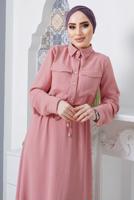 Tesettür giyim PEMBE ÖNDEN BÜZGÜLÜ ELBİSE 9705 