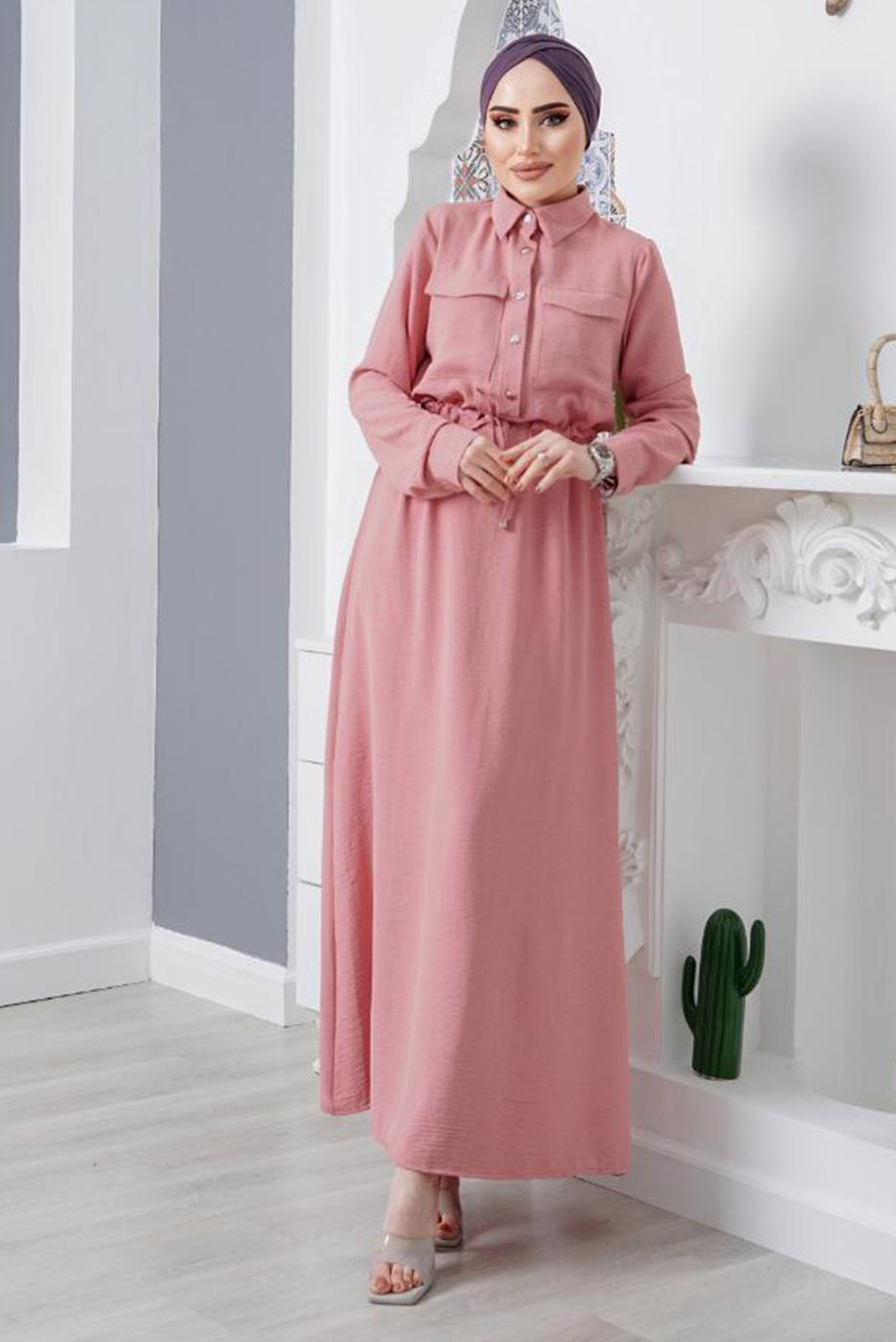 Tesettür giyim PEMBE ÖNDEN BÜZGÜLÜ ELBİSE 9705 