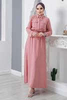 Tesettür giyim PEMBE ÖNDEN BÜZGÜLÜ ELBİSE 9705 