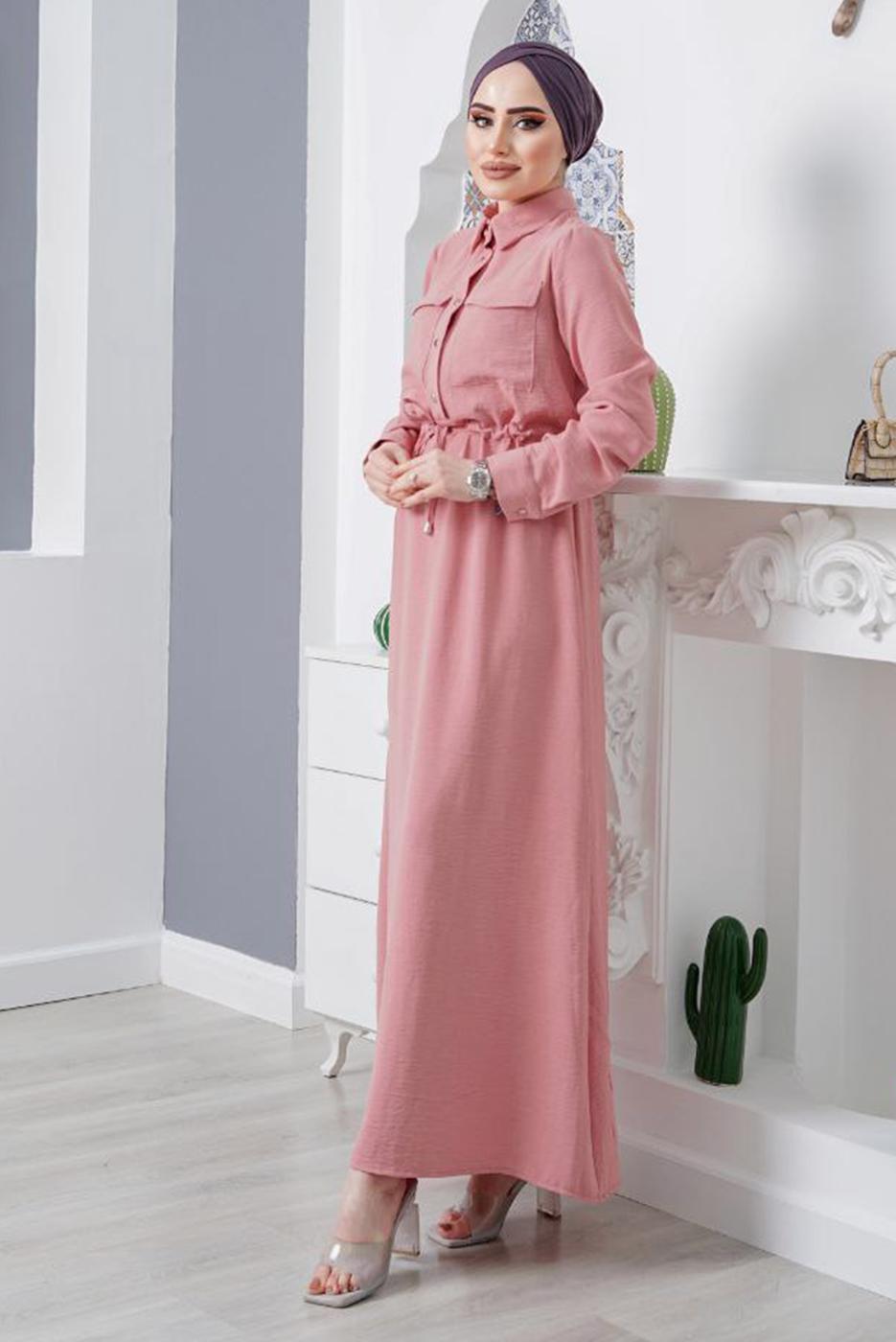 Tesettür giyim PEMBE ÖNDEN BÜZGÜLÜ ELBİSE 9705 