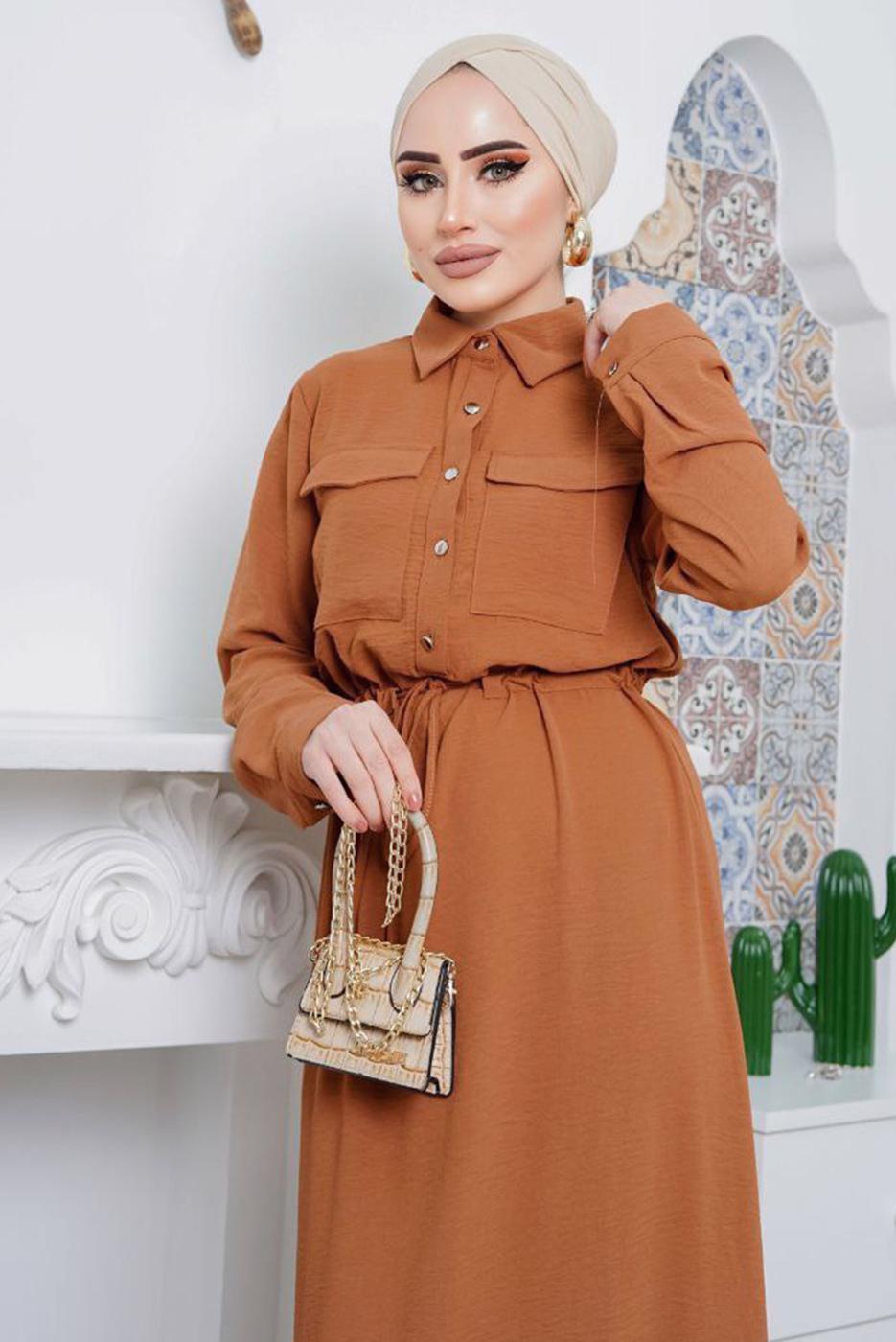 Tesettür giyim KAHVE ÖNDEN BÜZGÜLÜ ELBİSE 9705 