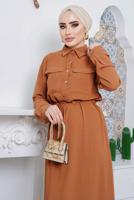 Tesettür giyim KAHVE ÖNDEN BÜZGÜLÜ ELBİSE 9705 
