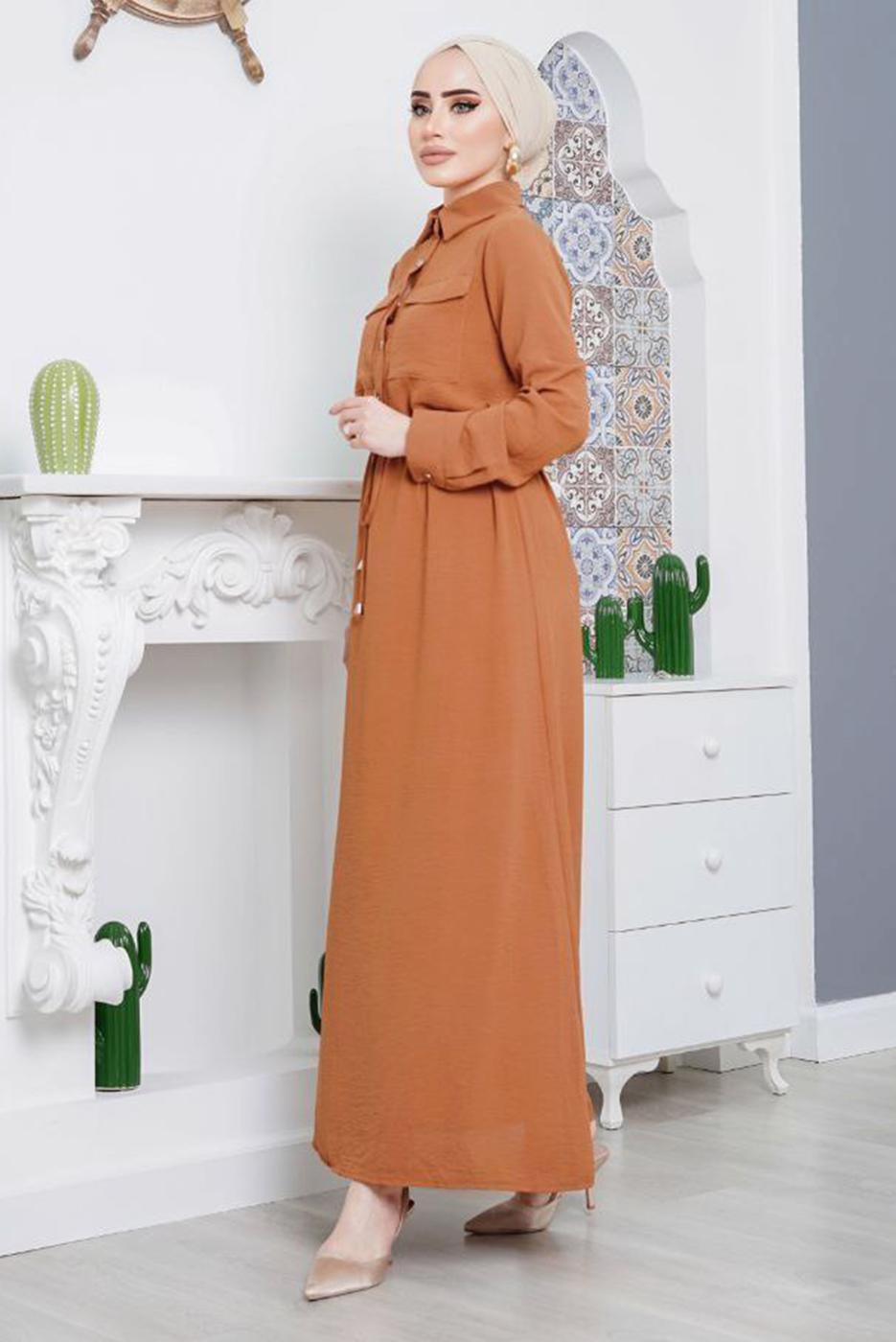 Tesettür giyim KAHVE ÖNDEN BÜZGÜLÜ ELBİSE 9705 
