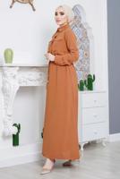 Tesettür giyim KAHVE ÖNDEN BÜZGÜLÜ ELBİSE 9705 