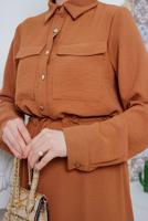 Tesettür giyim KAHVE ÖNDEN BÜZGÜLÜ ELBİSE 9705 