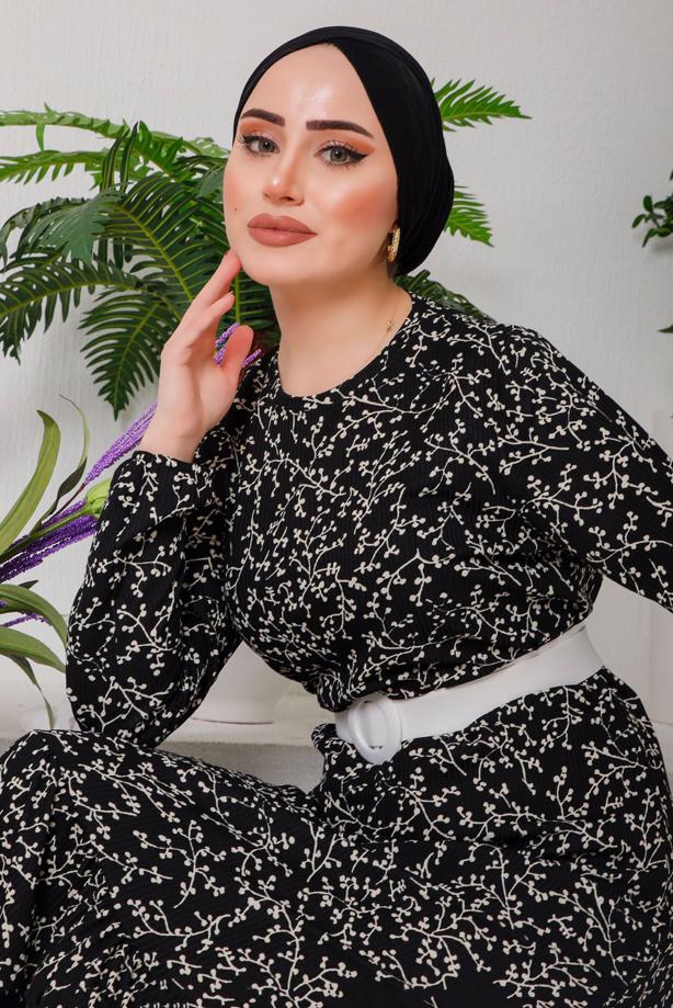 Hijab clothing PATTERNED BELTED DRESS 9922 - TRENDTESETTÜR