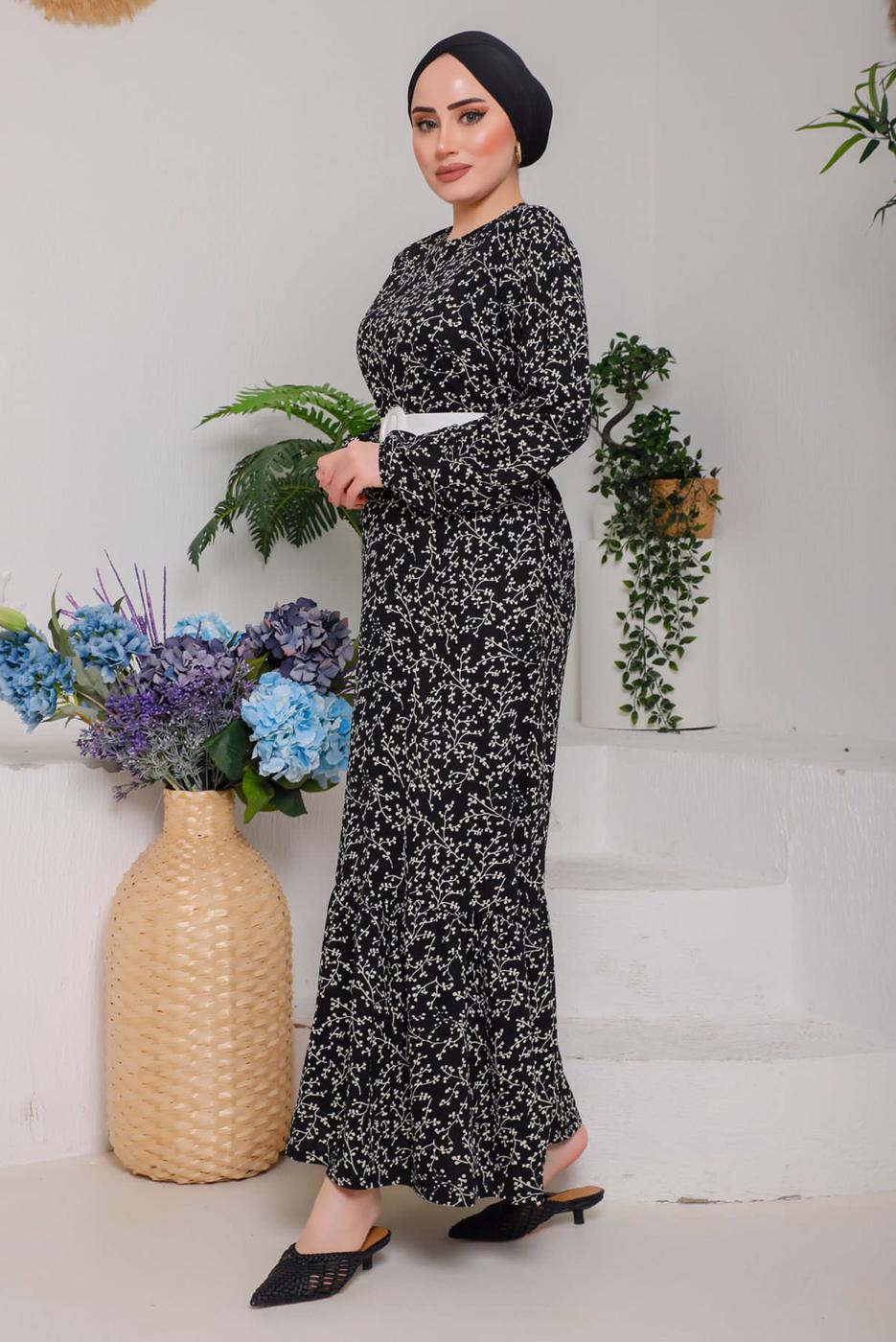 Hijab clothing BLACK PATTERNED BELTED DRESS 9922 