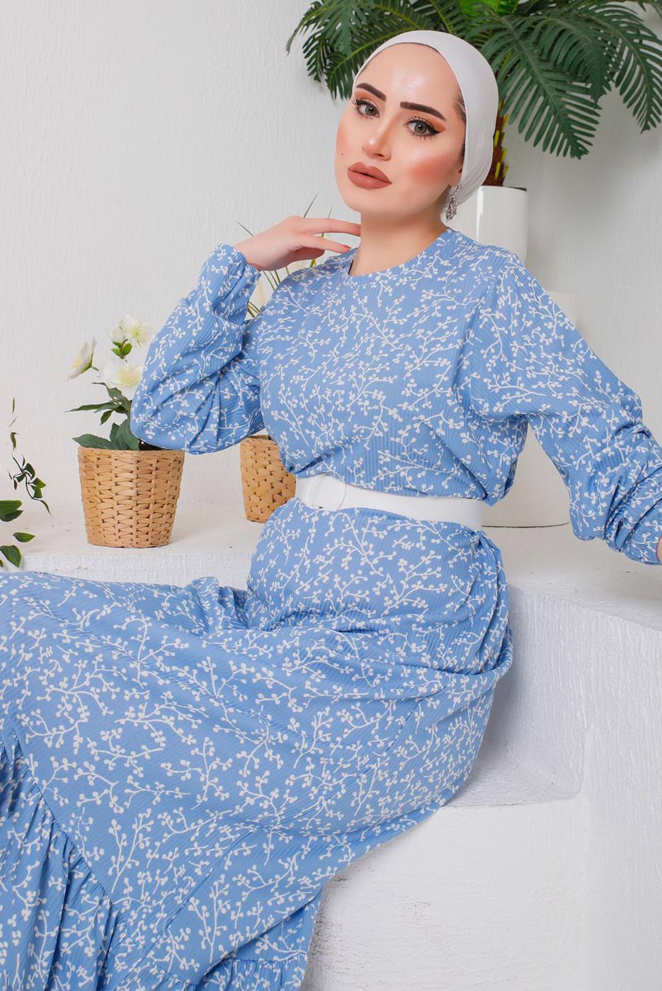 Tesettür giyim MAVİ DESENLİ KEMERLİ ELBİSE 9922 