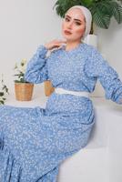 Tesettür giyim MAVİ DESENLİ KEMERLİ ELBİSE 9922 