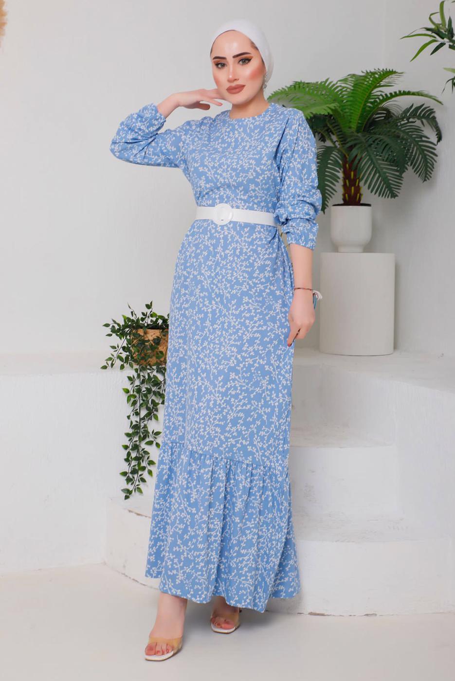Tesettür giyim MAVİ DESENLİ KEMERLİ ELBİSE 9922 