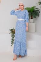 Tesettür giyim MAVİ DESENLİ KEMERLİ ELBİSE 9922 