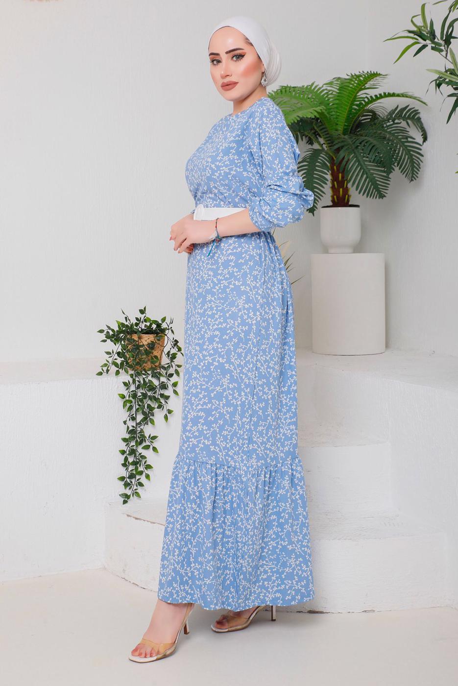 Tesettür giyim MAVİ DESENLİ KEMERLİ ELBİSE 9922 