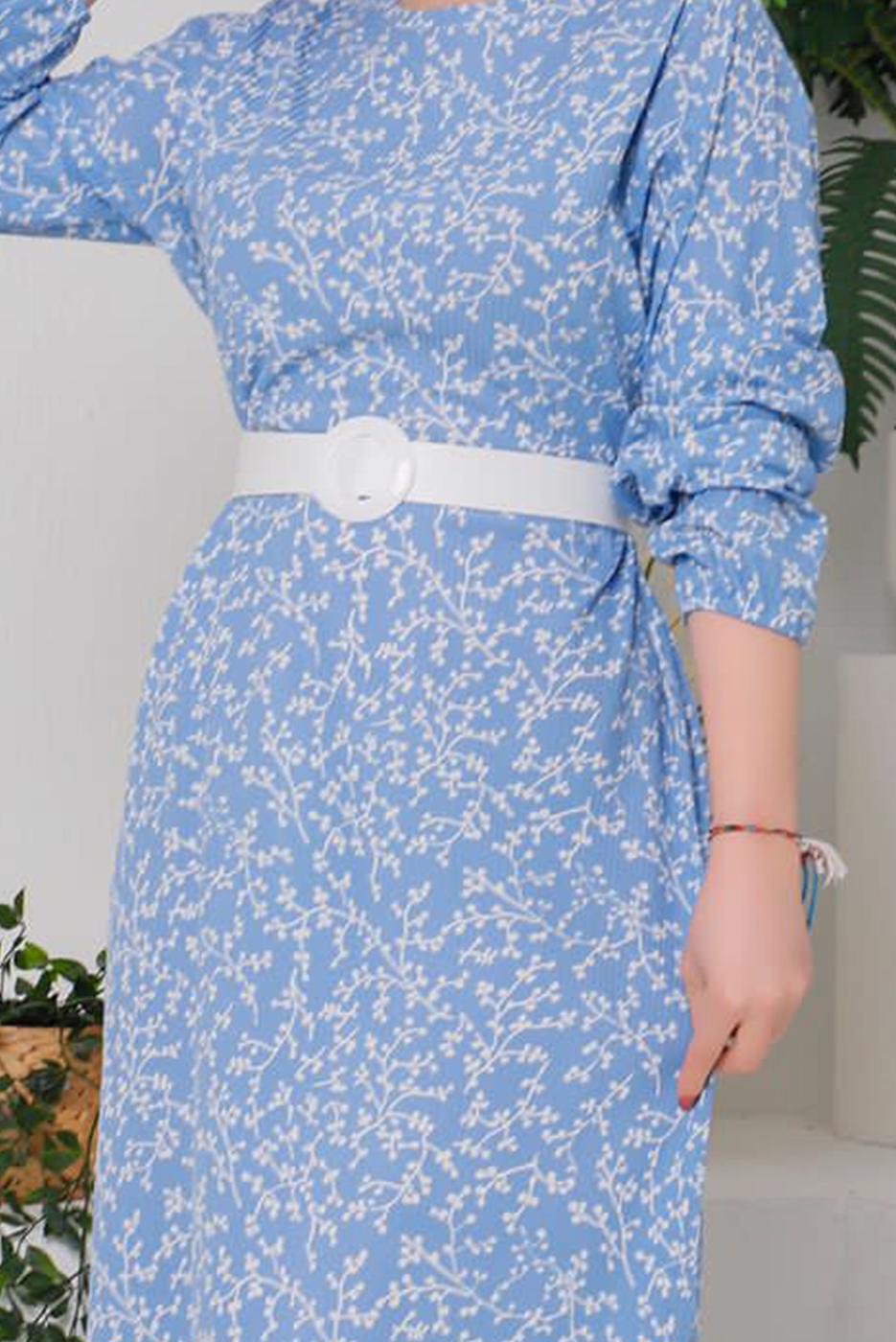 Tesettür giyim MAVİ DESENLİ KEMERLİ ELBİSE 9922 