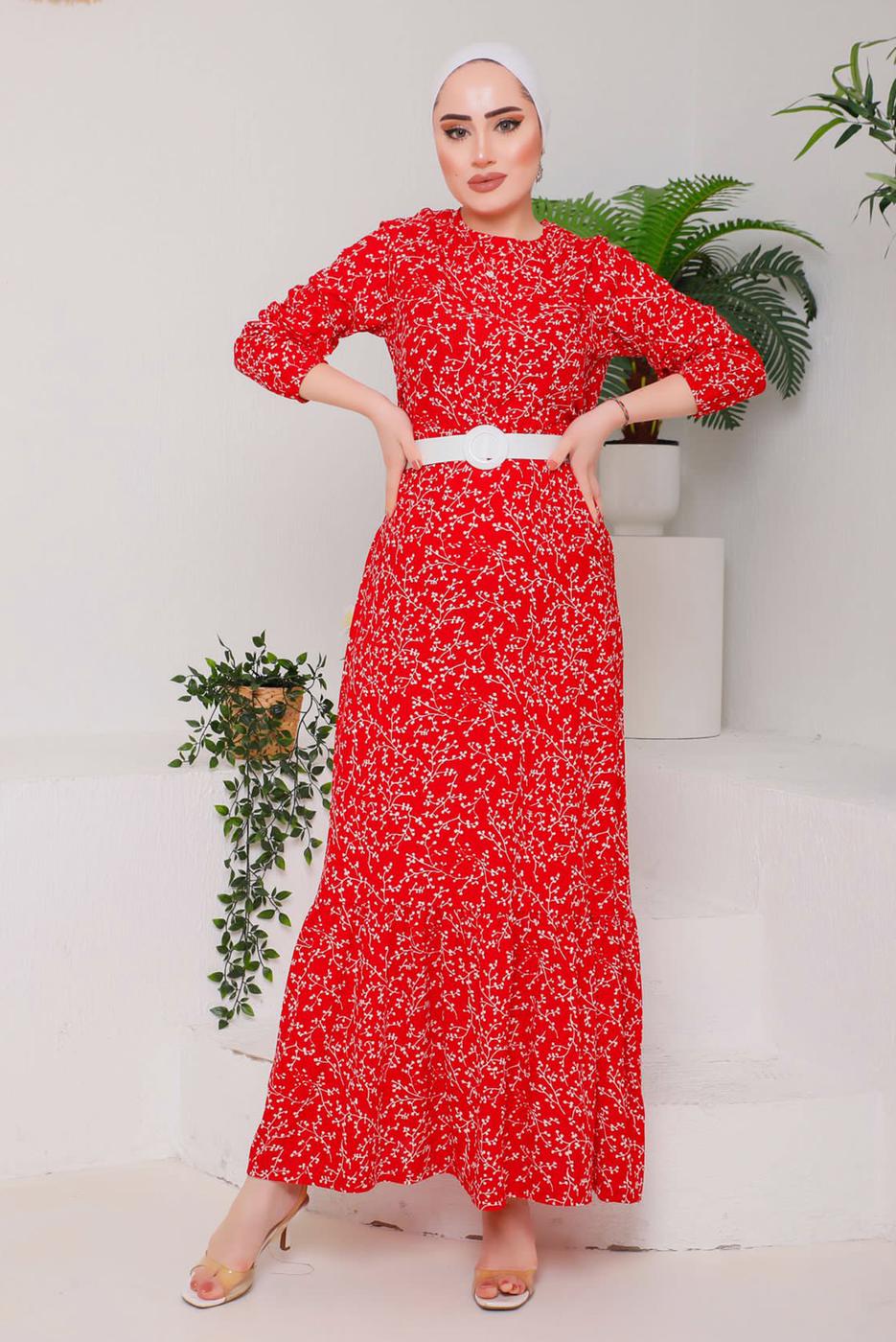 Tesettür giyim KIRMIZI DESENLİ KEMERLİ ELBİSE 9922 