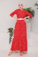 Tesettür giyim KIRMIZI DESENLİ KEMERLİ ELBİSE 9922 