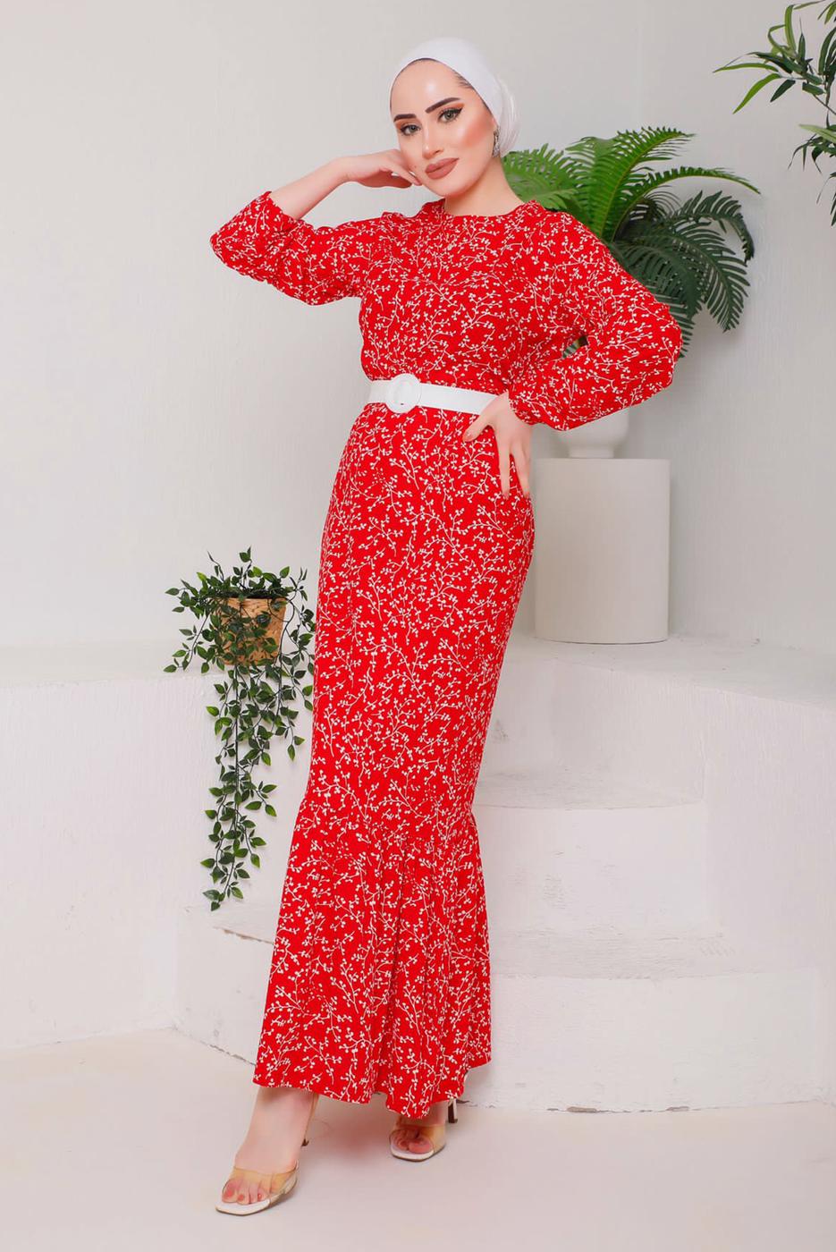 Tesettür giyim KIRMIZI DESENLİ KEMERLİ ELBİSE 9922 
