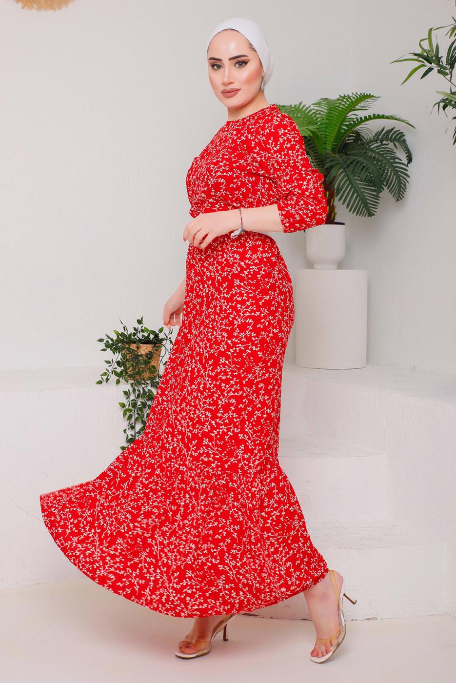 Tesettür giyim KIRMIZI DESENLİ KEMERLİ ELBİSE 9922 