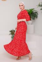 Tesettür giyim KIRMIZI DESENLİ KEMERLİ ELBİSE 9922 