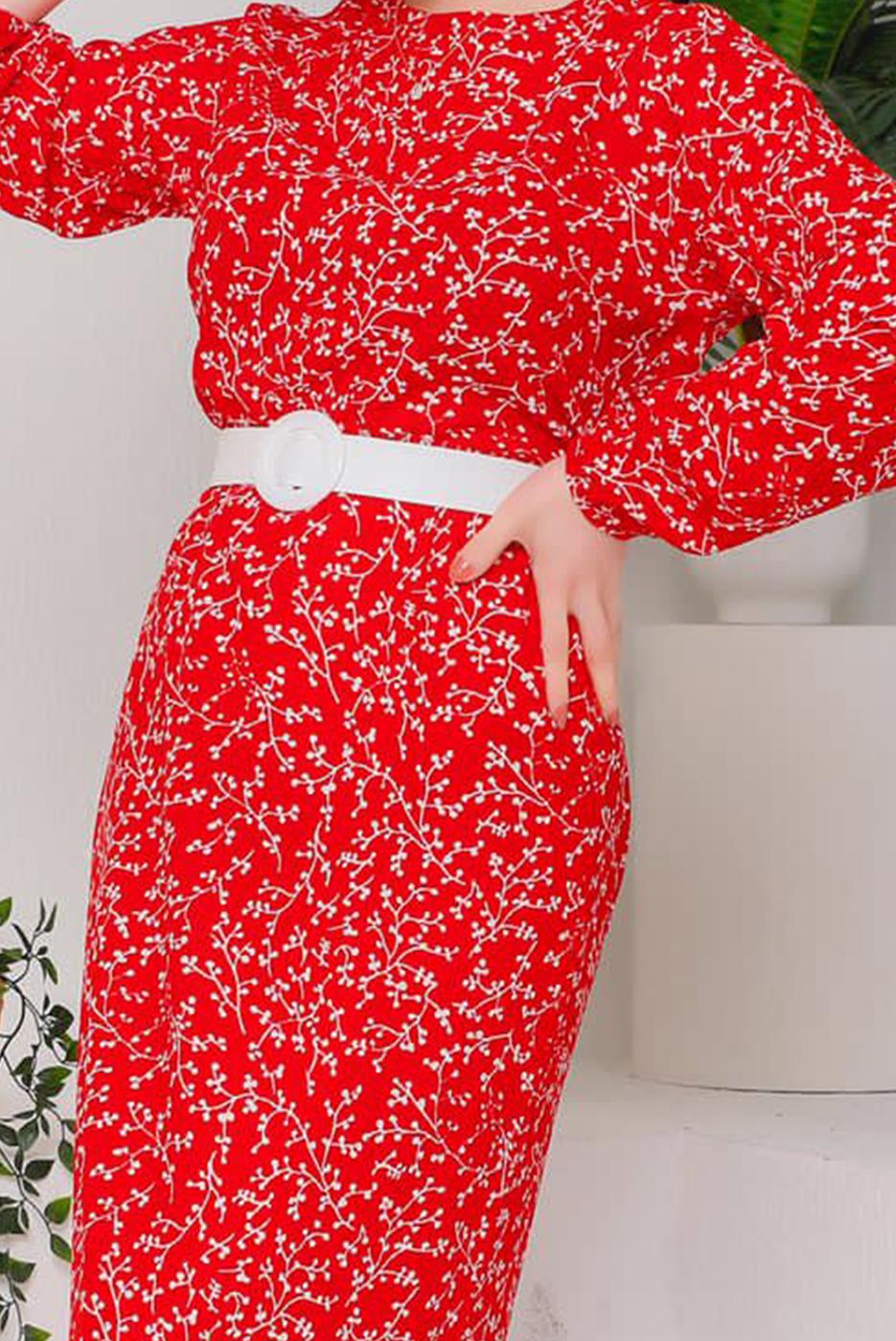 Tesettür giyim KIRMIZI DESENLİ KEMERLİ ELBİSE 9922 