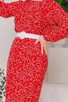 Tesettür giyim KIRMIZI DESENLİ KEMERLİ ELBİSE 9922 