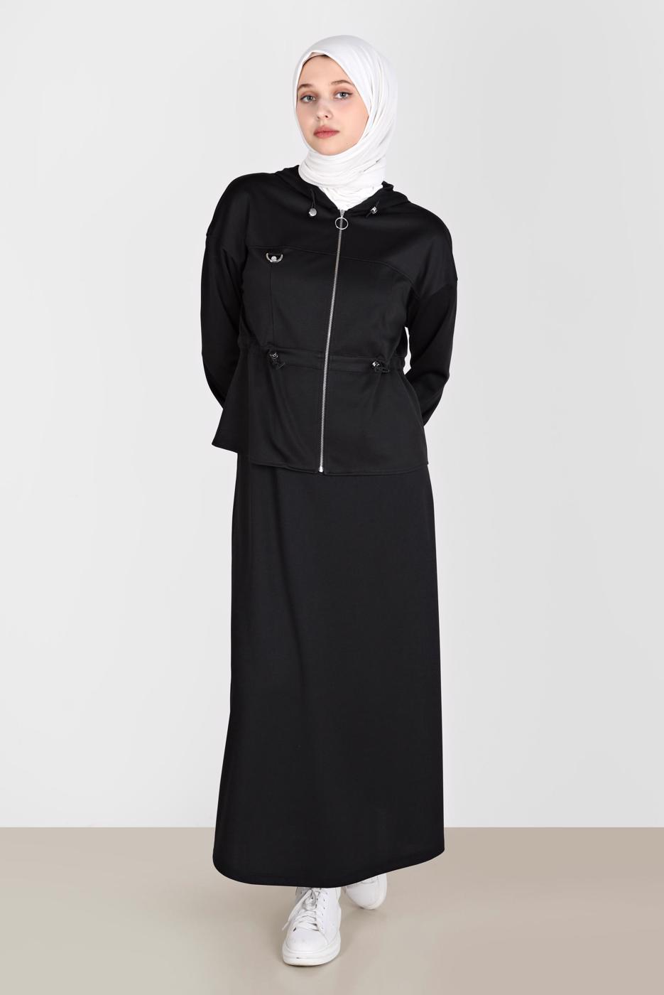 Tesettür giyim SİYAH ALVİNA KAPÜŞONLU ETEKLİ EŞOFMAN TAKIM 42848