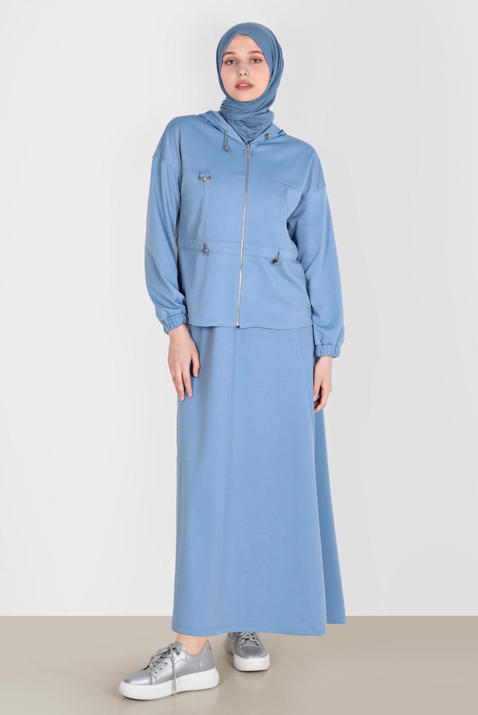 Tesettür giyim MAVİ ALVİNA KAPÜŞONLU ETEKLİ EŞOFMAN TAKIM 42848