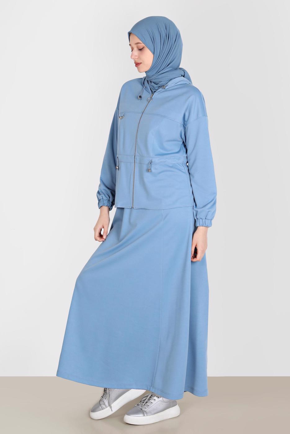 Tesettür giyim MAVİ ALVİNA KAPÜŞONLU ETEKLİ EŞOFMAN TAKIM 42848