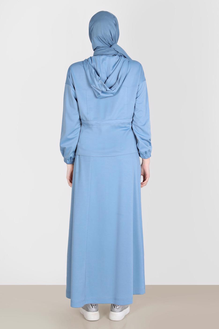Tesettür giyim MAVİ ALVİNA KAPÜŞONLU ETEKLİ EŞOFMAN TAKIM 42848
