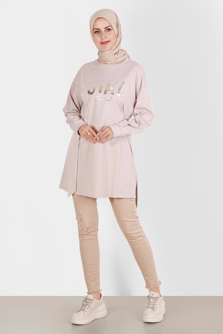 Tesettür giyim BEJ ALVİNA BASKI DETAYLI EŞOFMAN TUNİK T 42856 