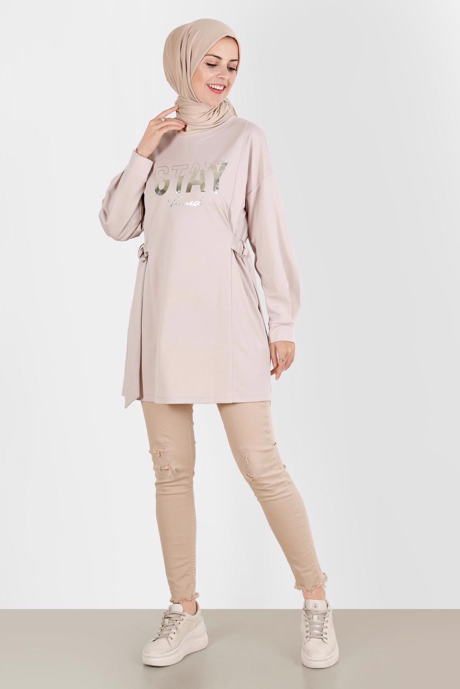 Tesettür giyim BEJ ALVİNA BASKI DETAYLI EŞOFMAN TUNİK T 42856 