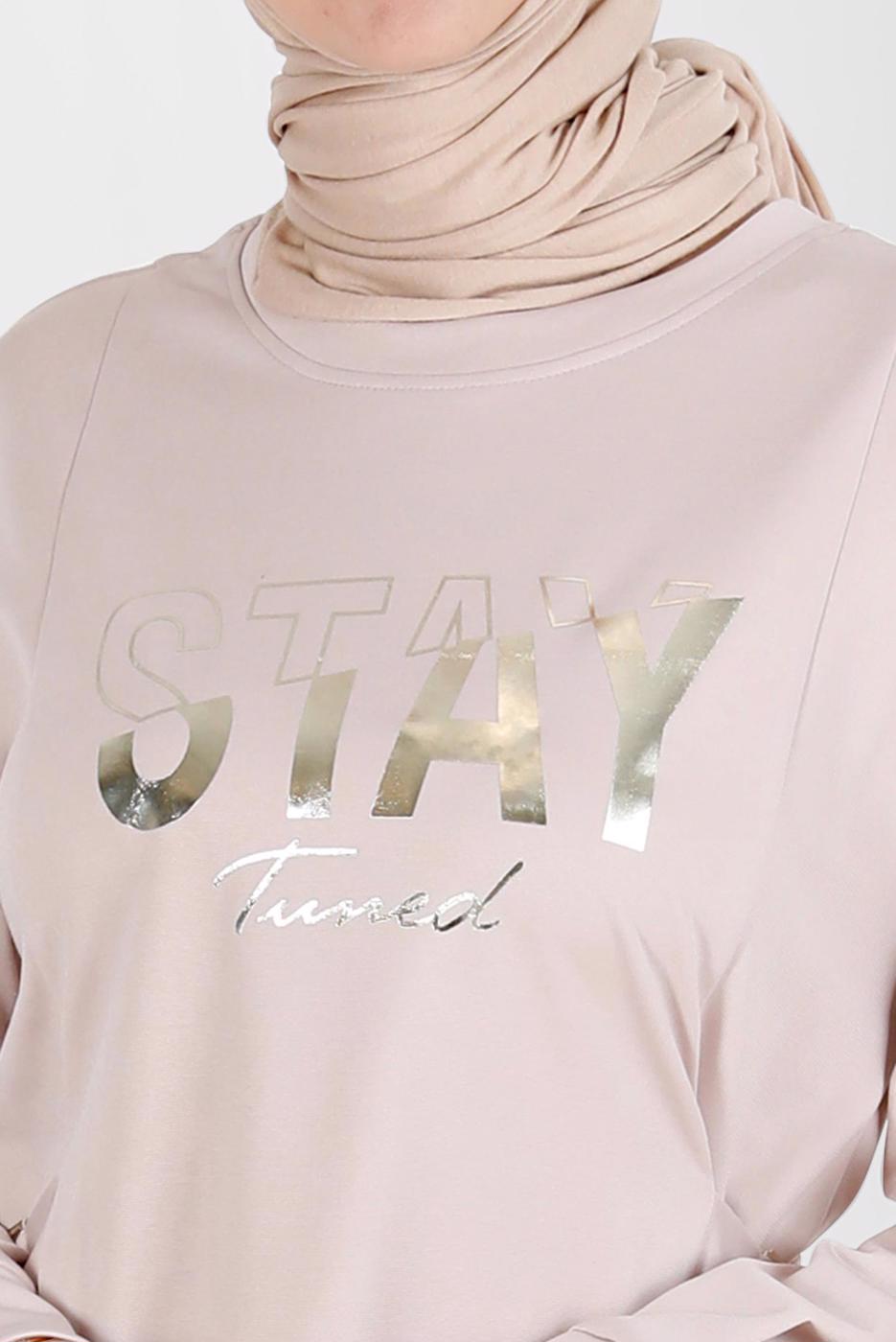 Tesettür giyim BEJ ALVİNA BASKI DETAYLI EŞOFMAN TUNİK T 42856 