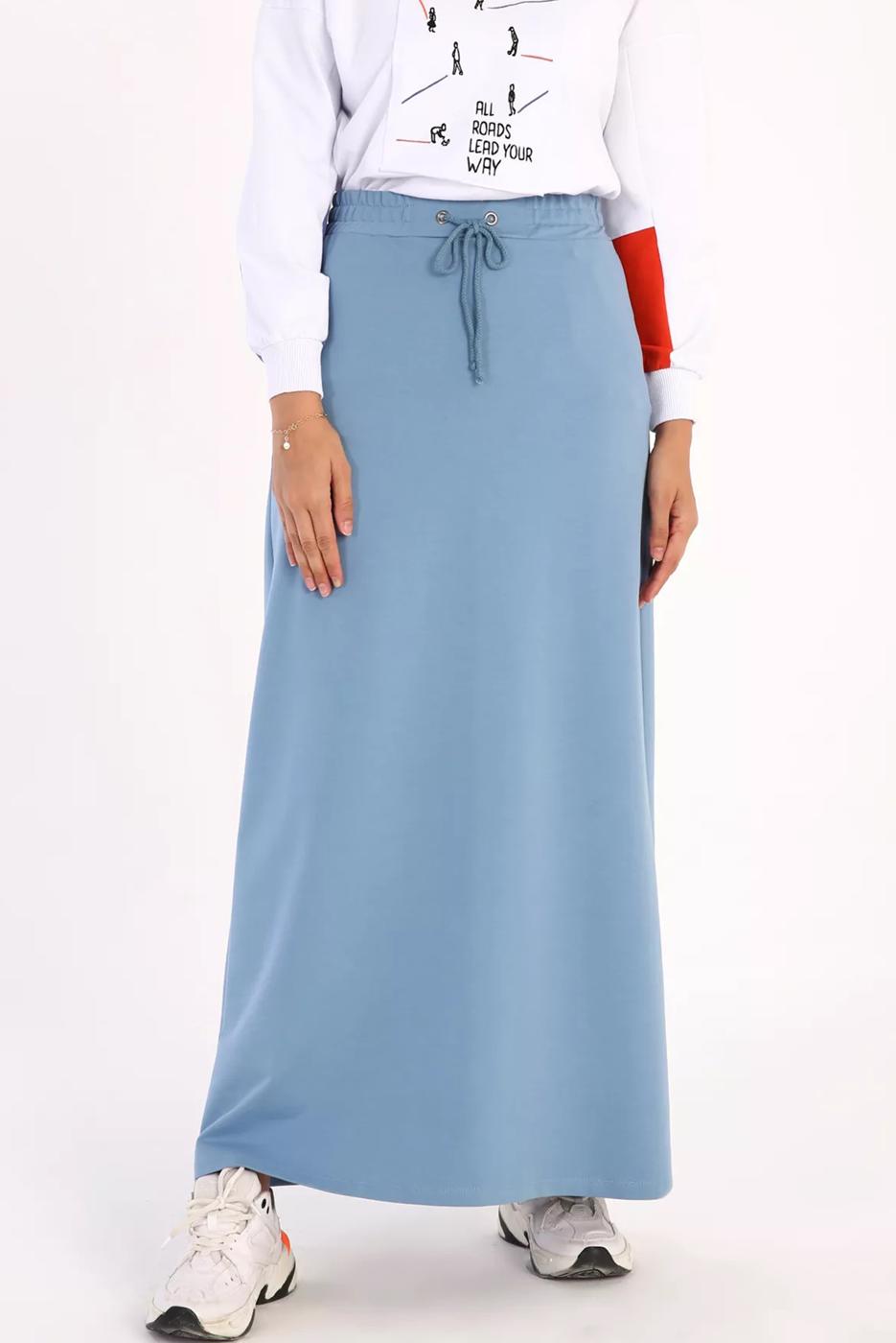 Tesettür giyim MAVİ BELİ LASTİKLİ PAMUKLU EŞOFMAN ETEK 11026 