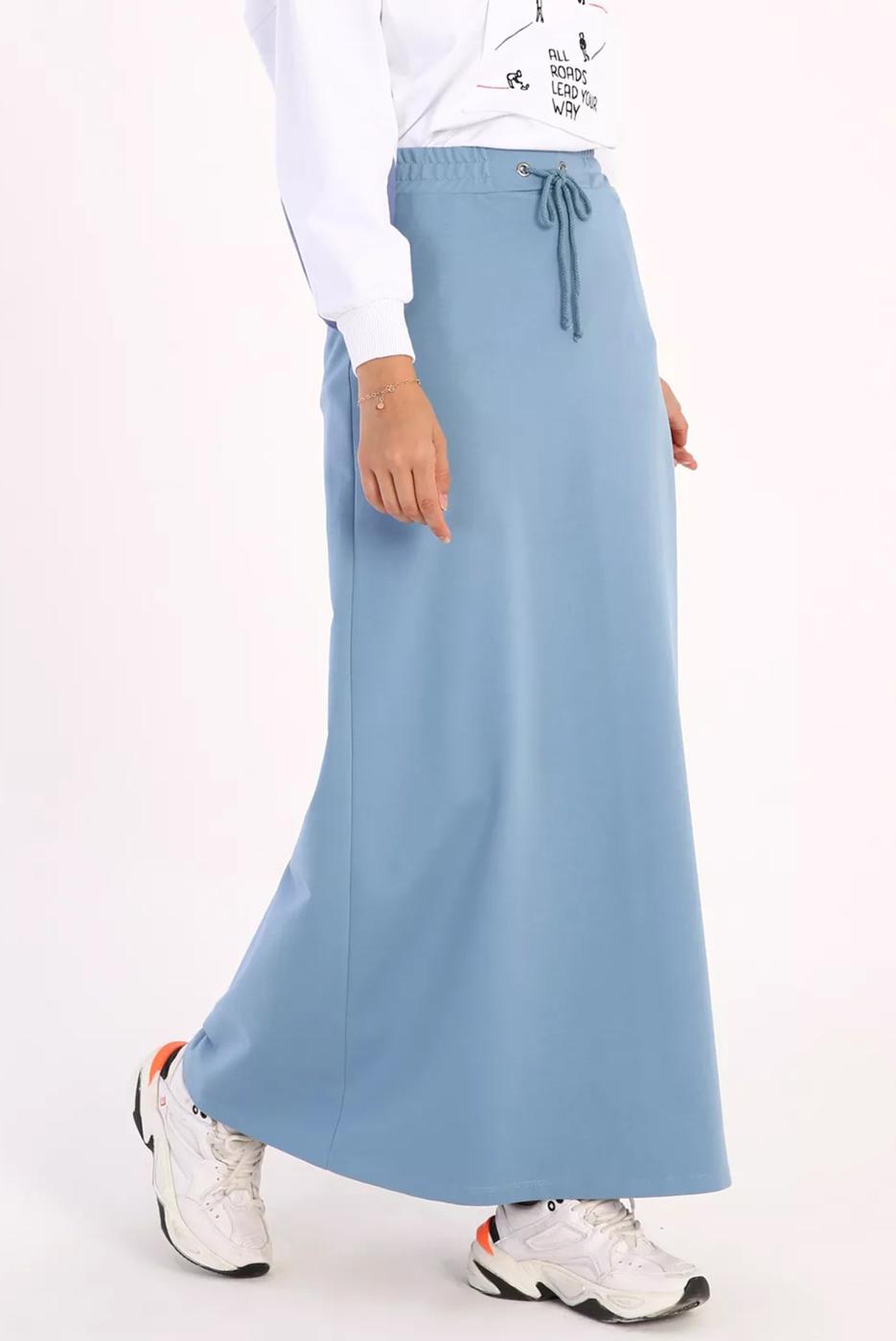 Tesettür giyim MAVİ BELİ LASTİKLİ PAMUKLU EŞOFMAN ETEK 11026 