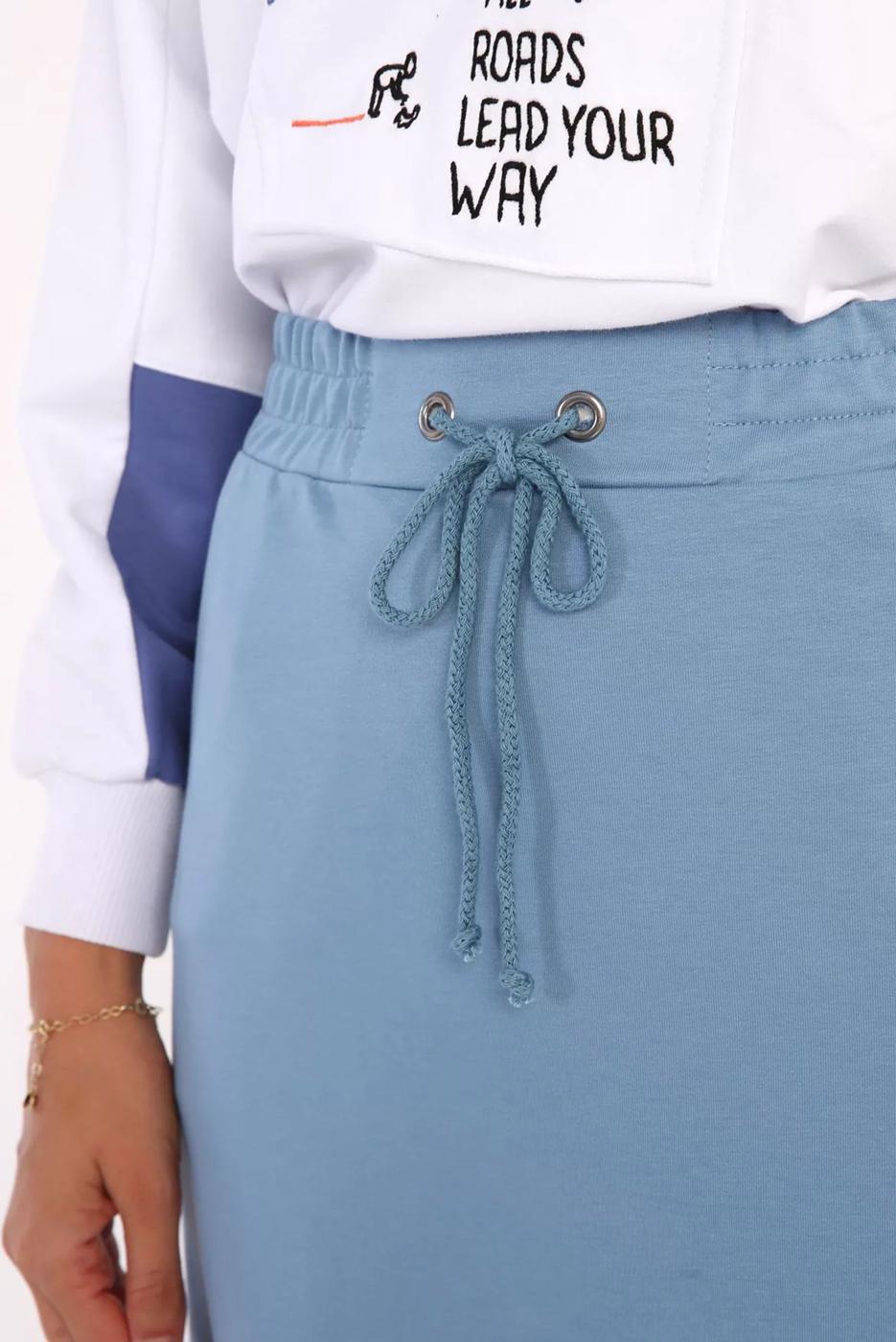 Tesettür giyim MAVİ BELİ LASTİKLİ PAMUKLU EŞOFMAN ETEK 11026 