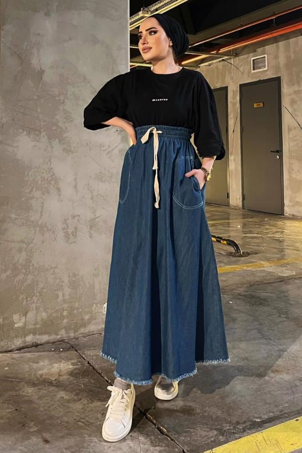 Tesettür giyim MAVİ ETEK UCU PÜSKÜLLÜ DENIM ETEK 4151  - TRENDTESETTÜR