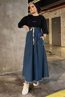 Tesettür giyim MAVİ ETEK UCU PÜSKÜLLÜ DENIM ETEK 4151 