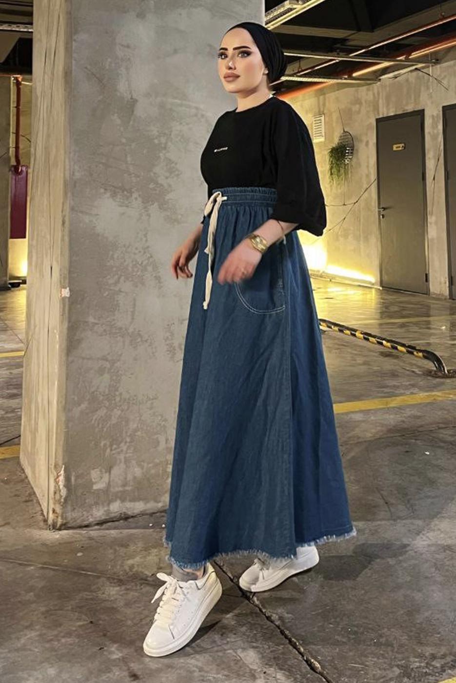 Tesettür giyim MAVİ ETEK UCU PÜSKÜLLÜ DENIM ETEK 4151 