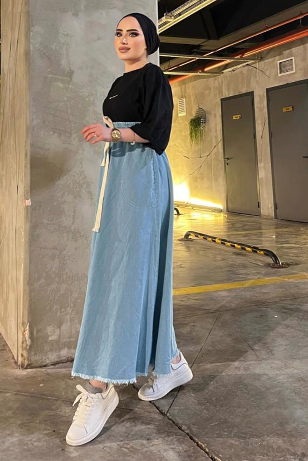 Tesettür giyim MAVİ ETEK UCU PÜSKÜLLÜ DENIM ETEK 4151  - TRENDTESETTÜR