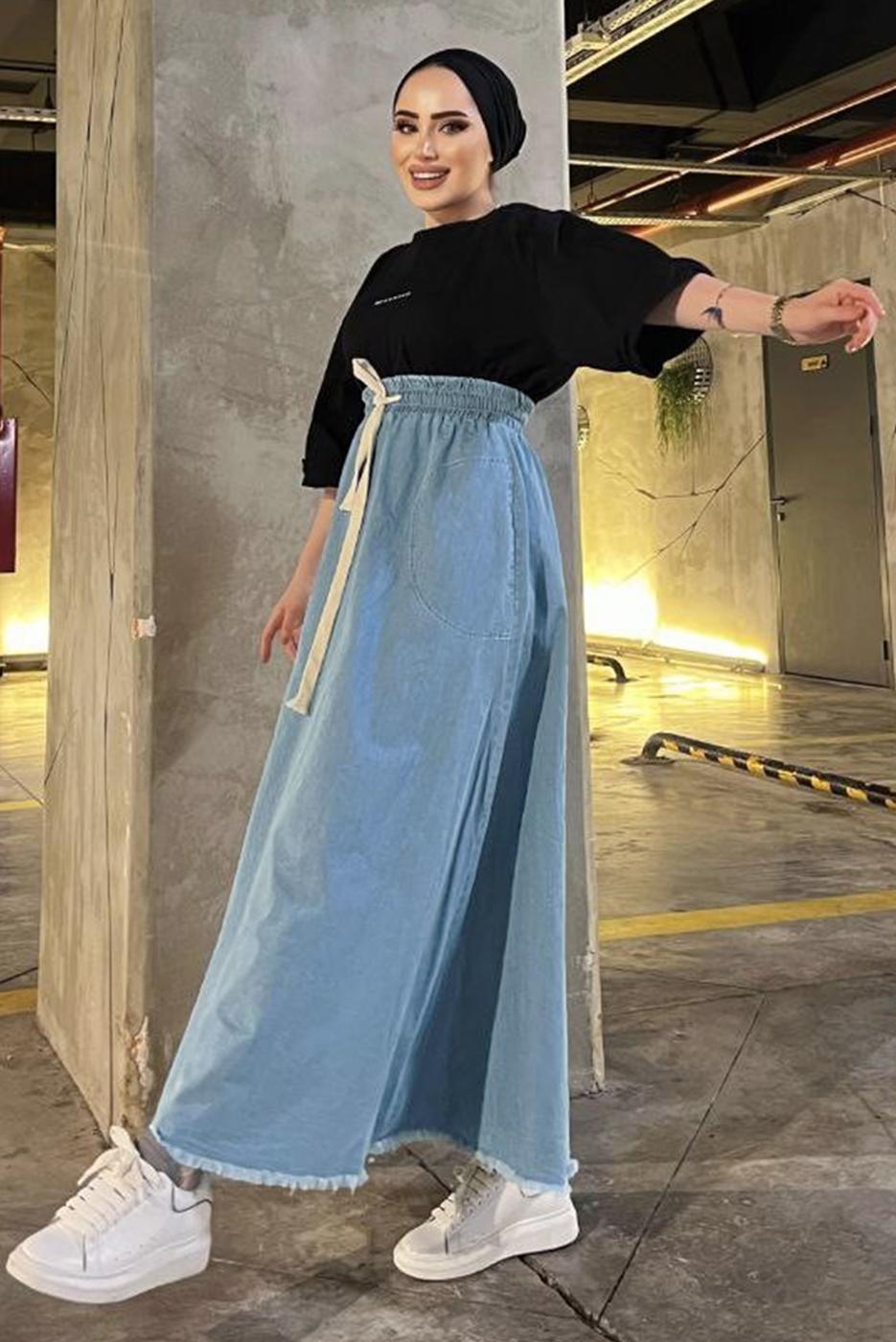 Tesettür giyim MAVİ ETEK UCU PÜSKÜLLÜ DENIM ETEK 4151 